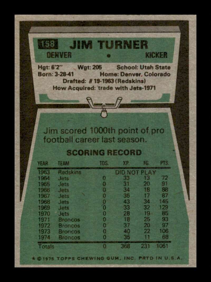 Load image into Gallery viewer, 1975 Topps Jim Turner #158 Denver Broncos Image 2
