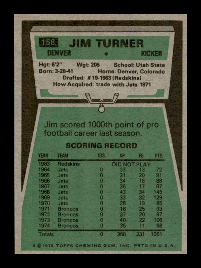 Load image into Gallery viewer, 1975 Topps Jim Turner #158 Denver Broncos Image 2
