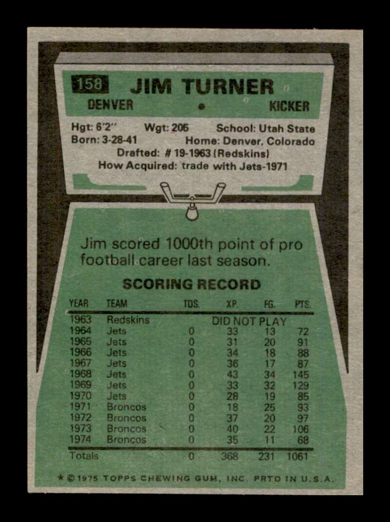 Load image into Gallery viewer, 1975 Topps Jim Turner #158 Denver Broncos Image 2
