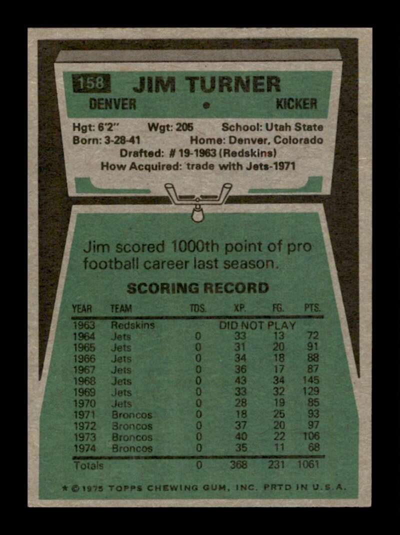 Load image into Gallery viewer, 1975 Topps Jim Turner #158 Denver Broncos Image 2
