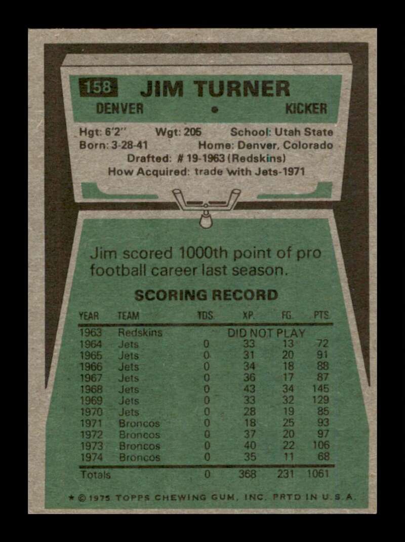 Load image into Gallery viewer, 1975 Topps Jim Turner #158 Denver Broncos Image 2
