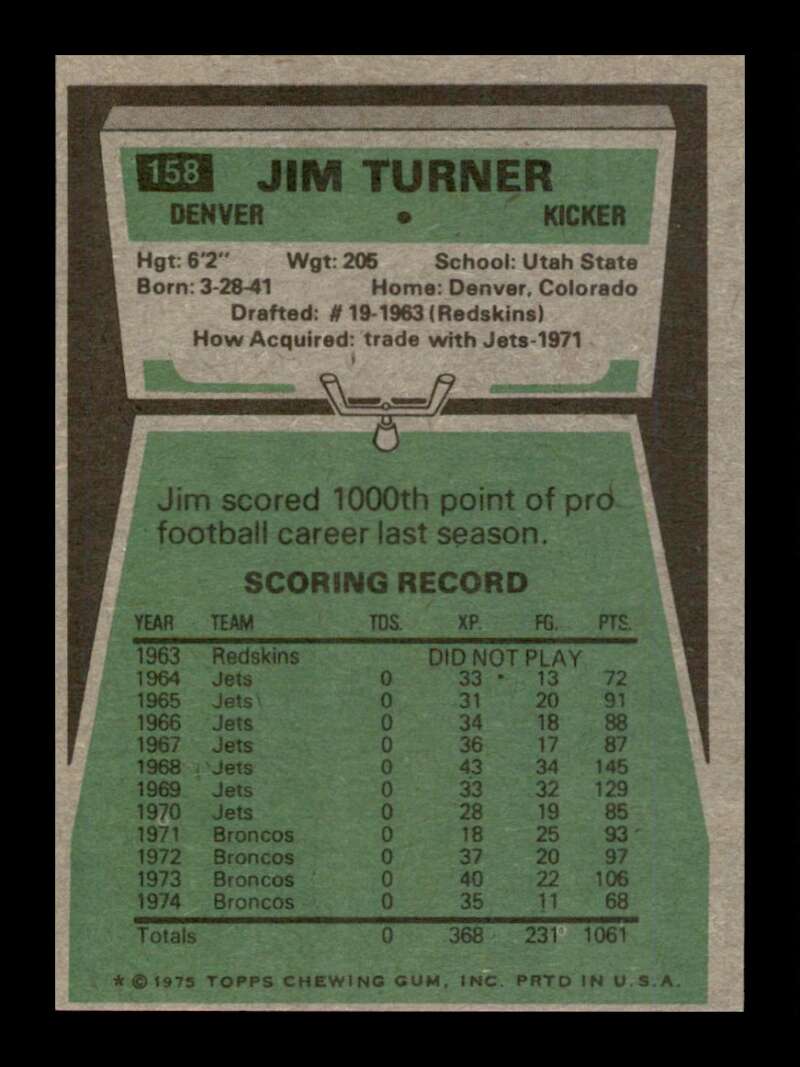 Load image into Gallery viewer, 1975 Topps Jim Turner #158 Denver Broncos Image 2
