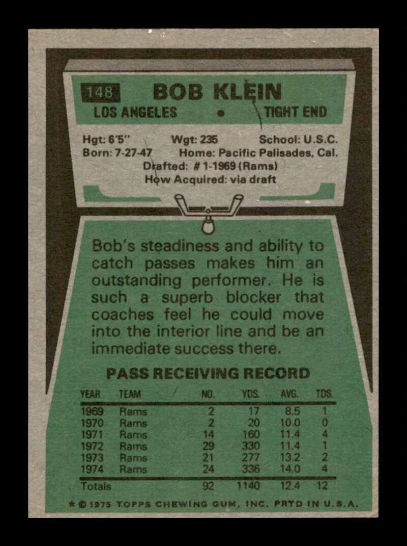 Load image into Gallery viewer, 1975 Topps Bob Klein #148 Los Angeles Rams Image 2
