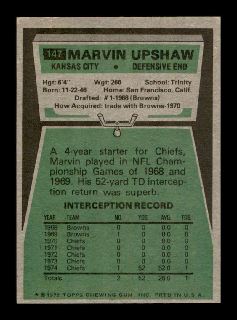 Load image into Gallery viewer, 1975 Topps Marvin Upshaw #147 Kansas City Chiefs Image 2
