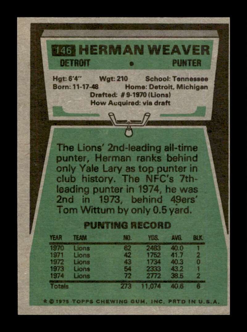 Load image into Gallery viewer, 1975 Topps Herman Weaver #146 Detroit Lions Image 2
