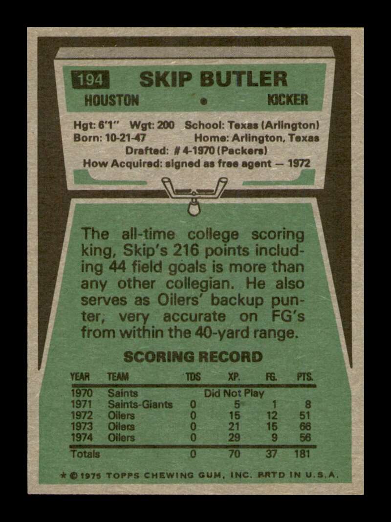 Load image into Gallery viewer, 1975 Topps Skip Butler #194 Houston Oilers Image 2
