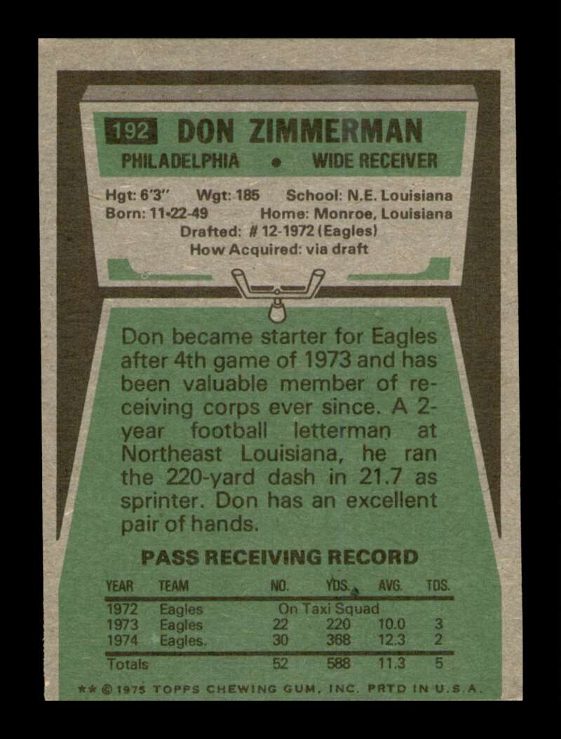 Load image into Gallery viewer, 1975 Topps Don Zimmerman #192 Philadelphia Eagles Image 2
