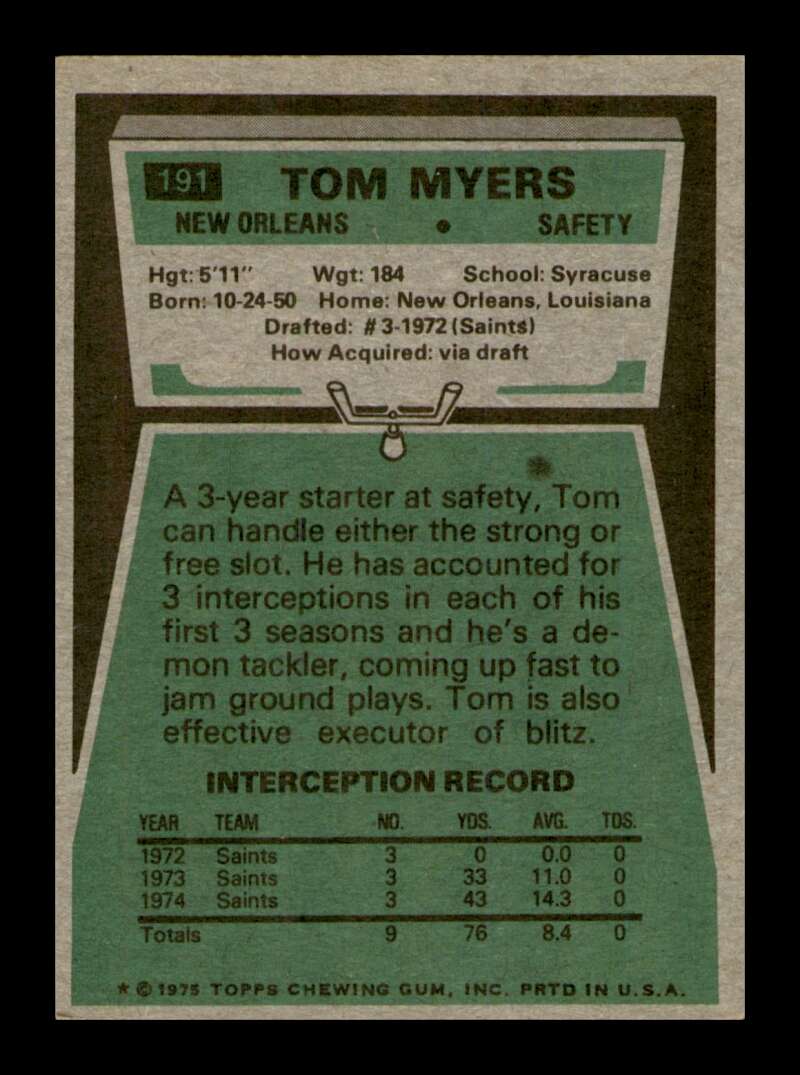 Load image into Gallery viewer, 1975 Topps Tom Myers #191 New Orleans Saints Image 2
