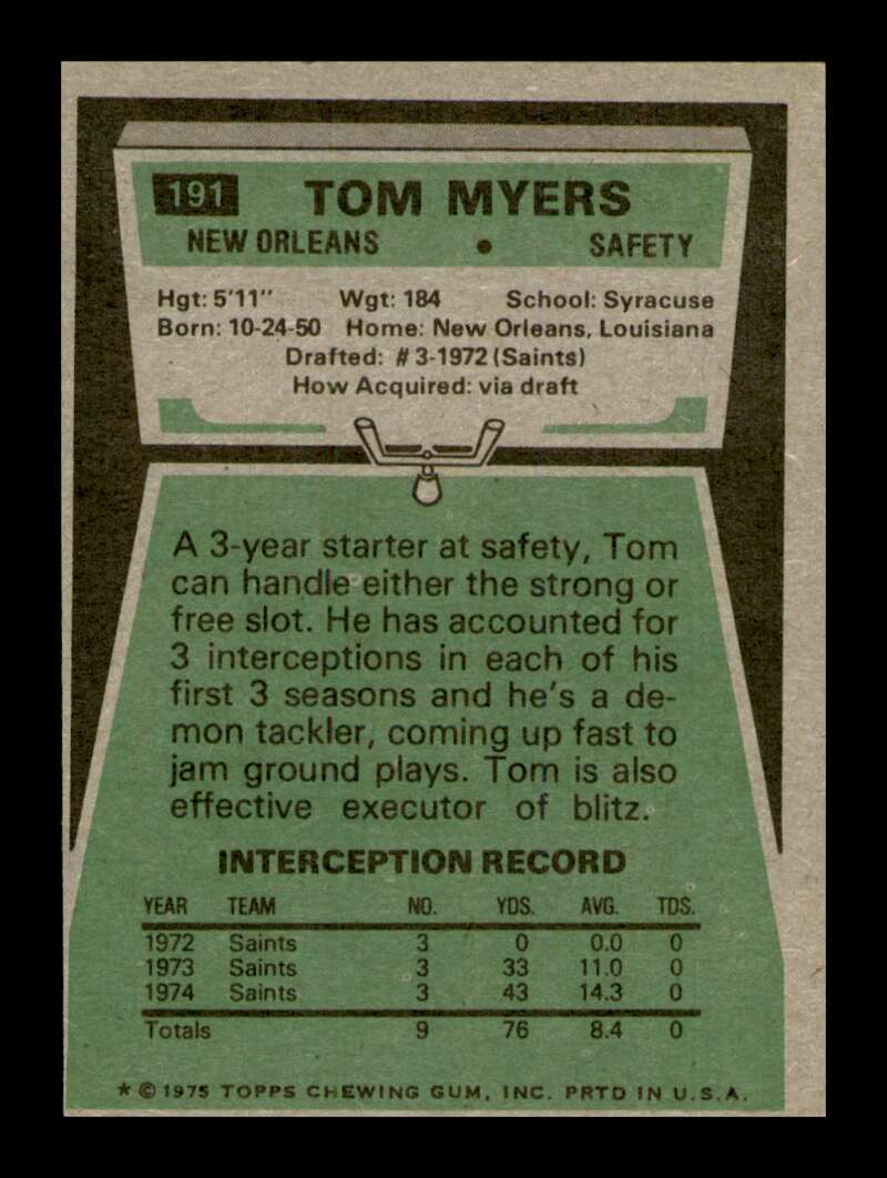 Load image into Gallery viewer, 1975 Topps Tom Myers #191 New Orleans Saints Image 2
