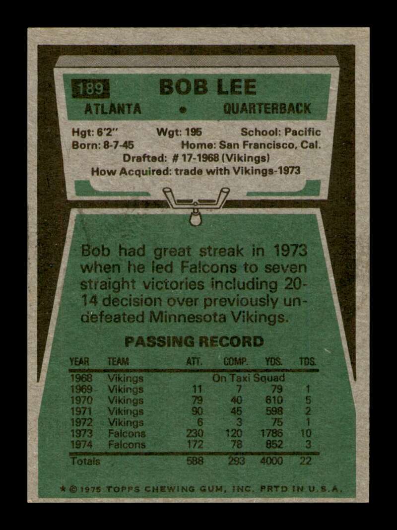 Load image into Gallery viewer, 1975 Topps Bob Lee #189 Atlanta Falcons Image 2
