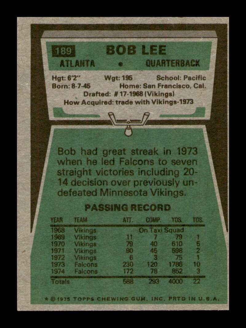 Load image into Gallery viewer, 1975 Topps Bob Lee #189 Atlanta Falcons Image 2
