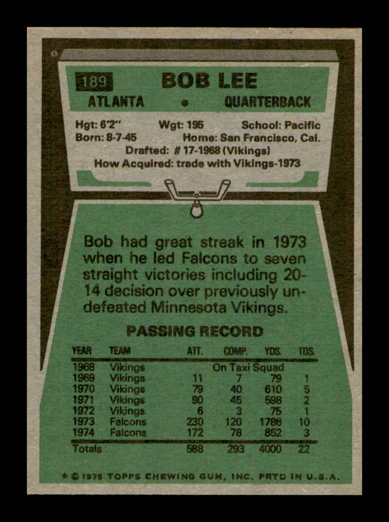 Load image into Gallery viewer, 1975 Topps Bob Lee #189 Atlanta Falcons Image 2
