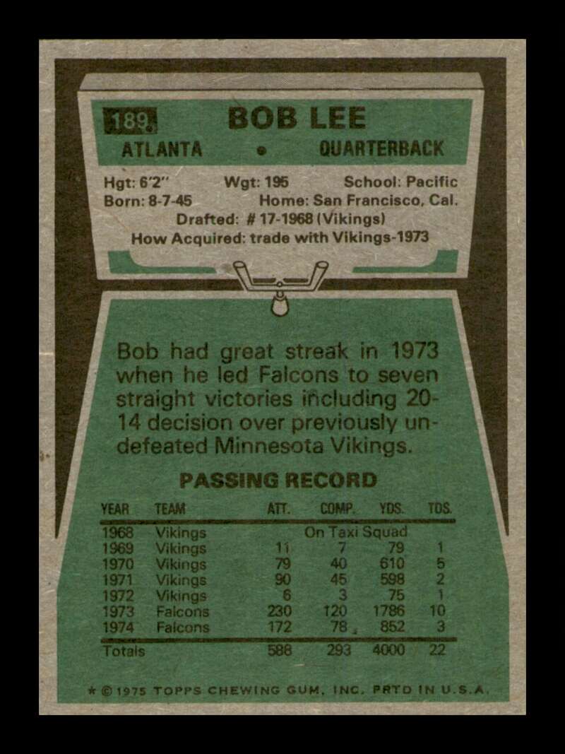 Load image into Gallery viewer, 1975 Topps Bob Lee #189 Atlanta Falcons Image 2
