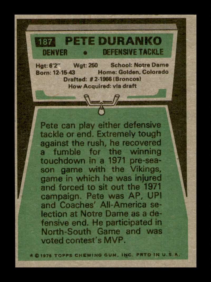 Load image into Gallery viewer, 1975 Topps Pete Duranko #187 Denver Broncos Image 2
