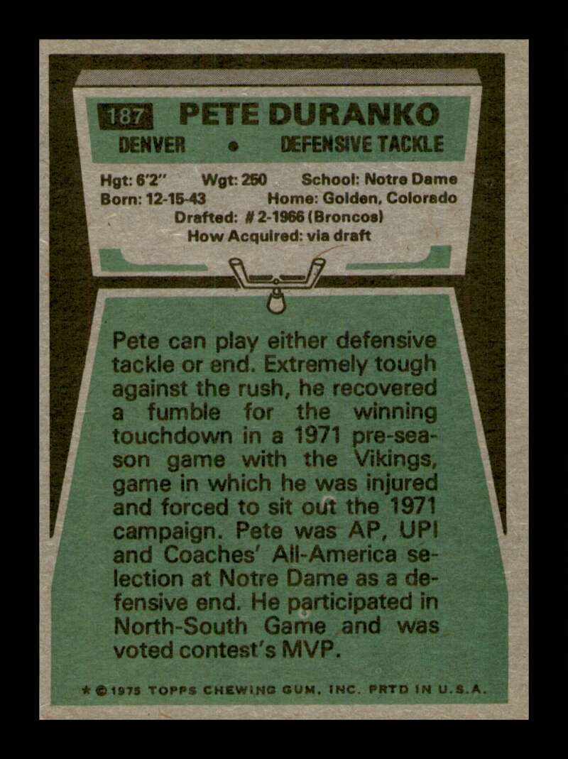 Load image into Gallery viewer, 1975 Topps Pete Duranko #187 Denver Broncos Image 2
