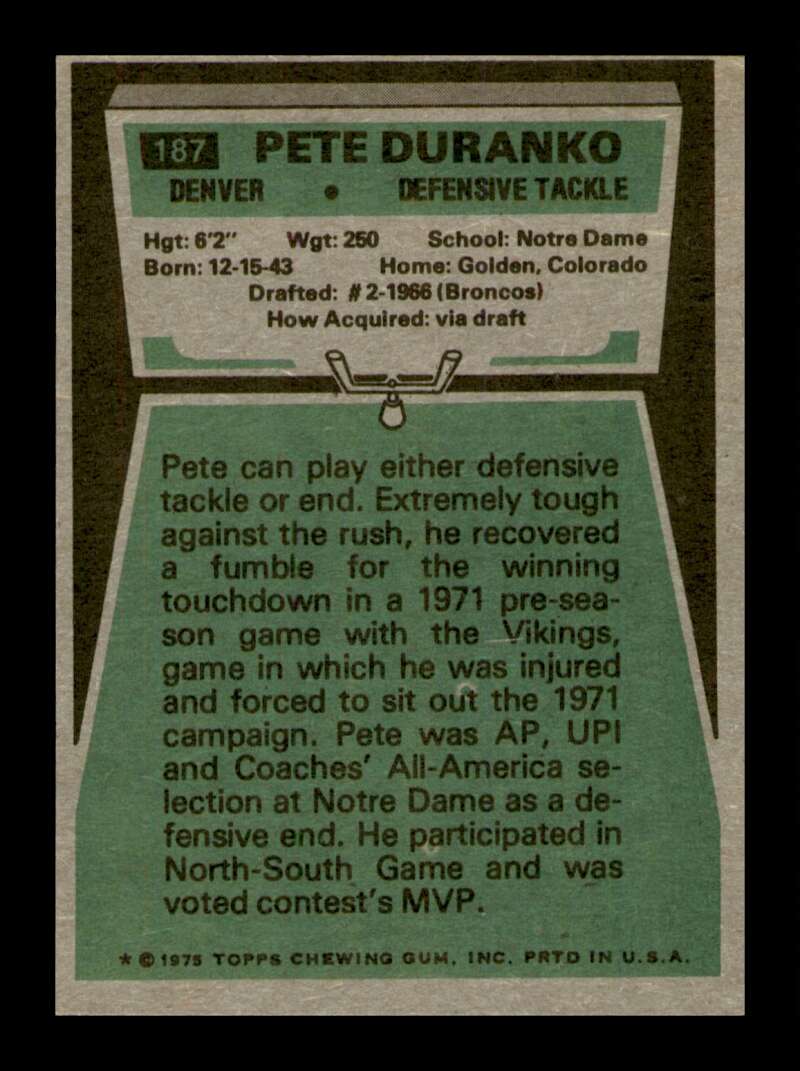 Load image into Gallery viewer, 1975 Topps Pete Duranko #187 Denver Broncos Image 2
