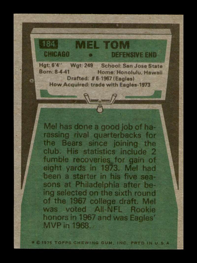 Load image into Gallery viewer, 1975 Topps Mel Tom #184 Chicago Bears Image 2
