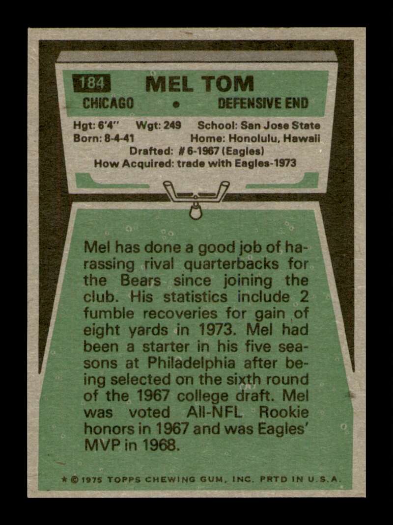 Load image into Gallery viewer, 1975 Topps Mel Tom #184 Chicago Bears Image 2
