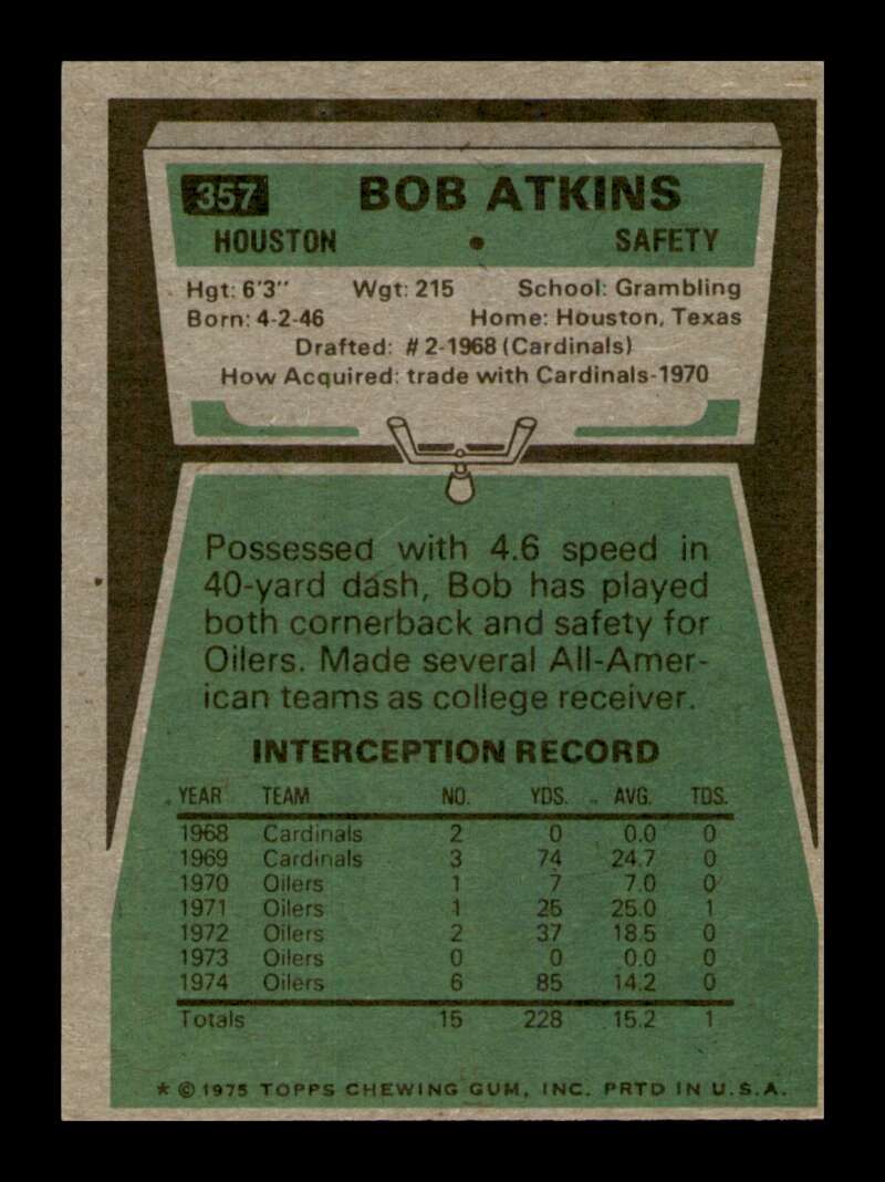 Load image into Gallery viewer, 1975 Topps Bob Atkins #357 Houston Oilers Image 2
