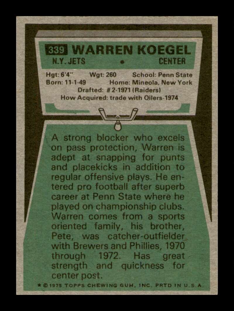 Load image into Gallery viewer, 1975 Topps Warren Koegel #339 Rookie RC New York Jets Image 2
