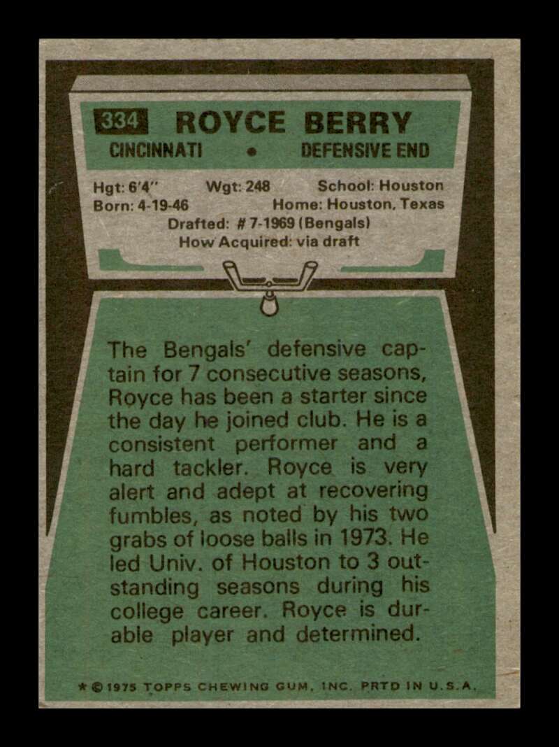 Load image into Gallery viewer, 1975 Topps Royce Berry #334 Cincinnati Bengals Image 2
