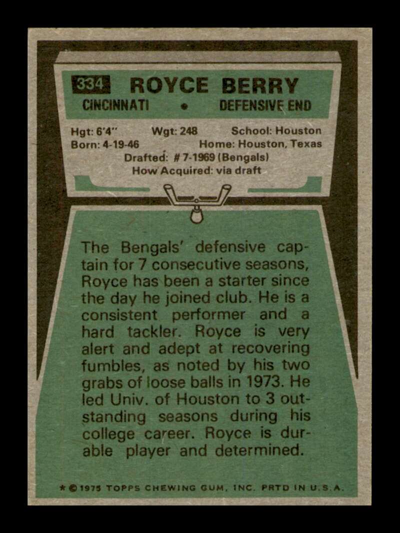 Load image into Gallery viewer, 1975 Topps Royce Berry #334 Cincinnati Bengals Image 2
