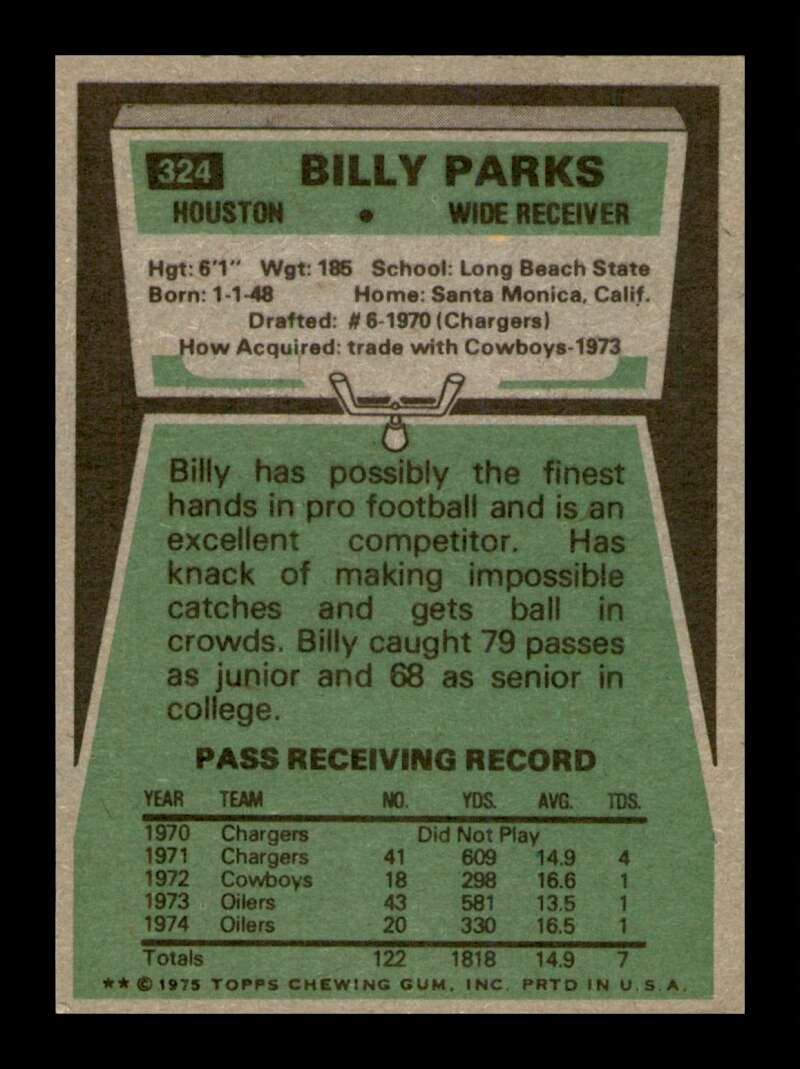 Load image into Gallery viewer, 1975 Topps Billy Parks #324 Houston Oilers Image 2
