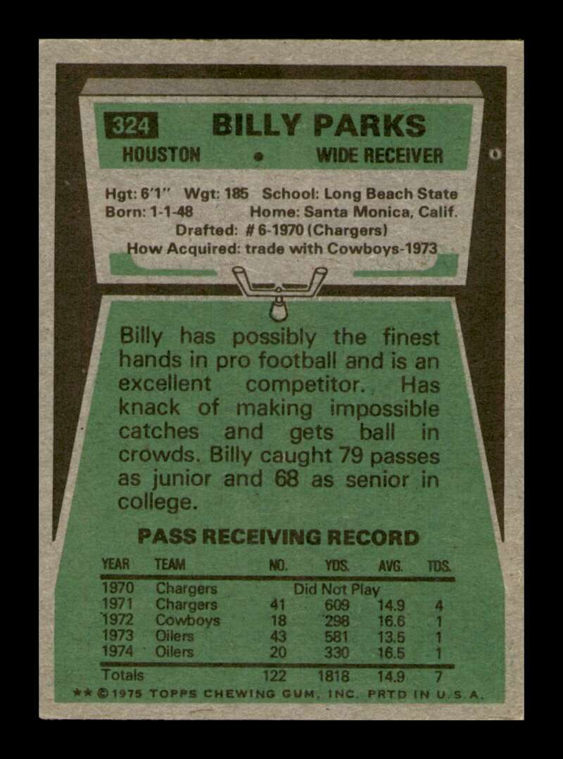 Load image into Gallery viewer, 1975 Topps Billy Parks #324 Houston Oilers Image 2
