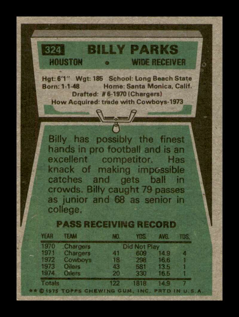 Load image into Gallery viewer, 1975 Topps Billy Parks #324 Houston Oilers Image 2
