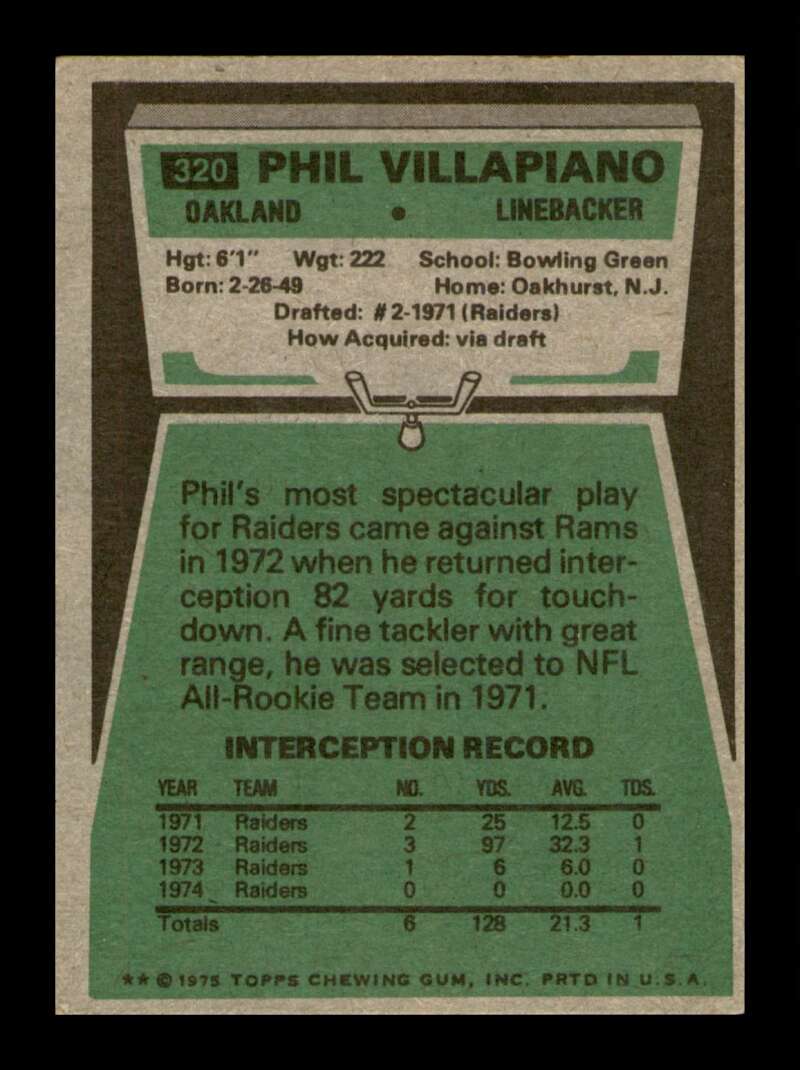 Load image into Gallery viewer, 1975 Topps Phil Villapiano #320 Oakland Raiders Image 2
