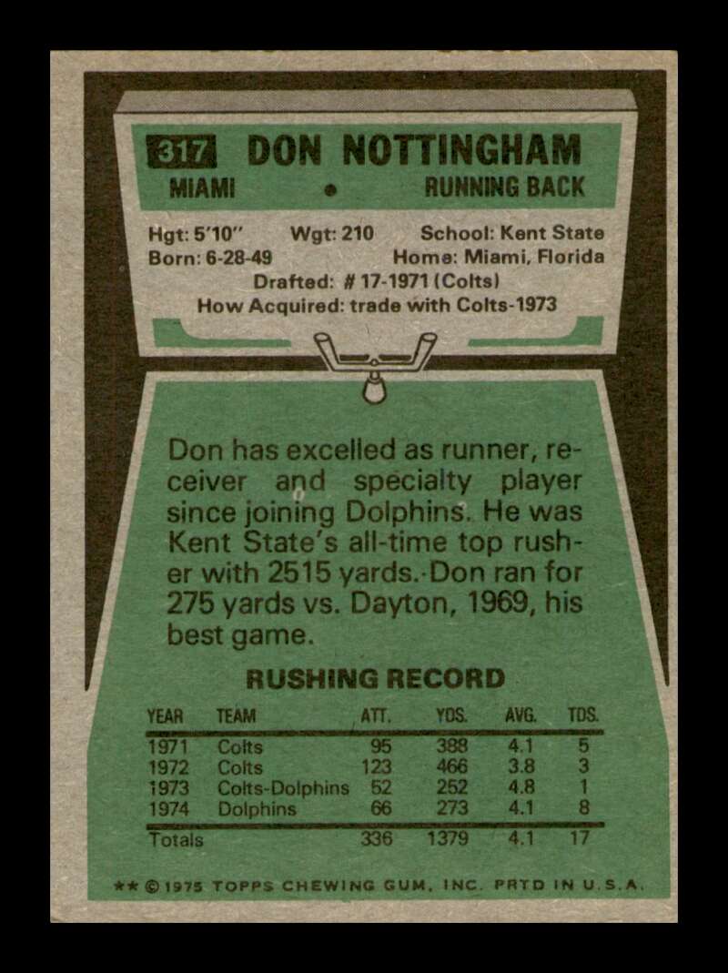 Load image into Gallery viewer, 1975 Topps Don Nottingham #317 Miami Dolphins Image 2
