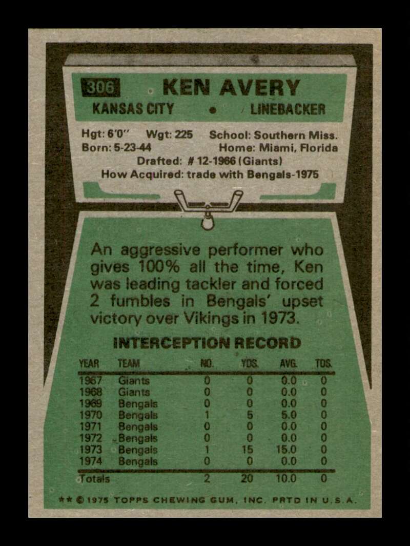 Load image into Gallery viewer, 1975 Topps Ken Avery #306 Kansas City Chiefs Image 2
