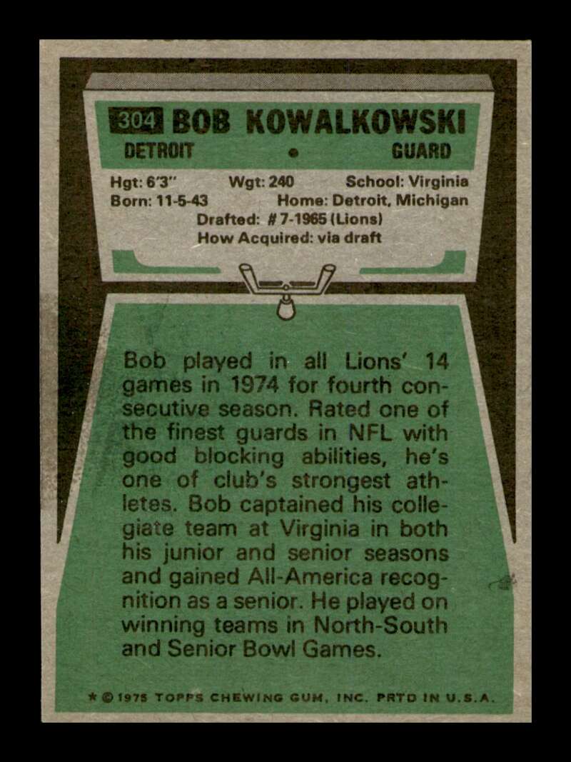 Load image into Gallery viewer, 1975 Topps Bob Kowalkowski #304 Detroit Lions Image 2
