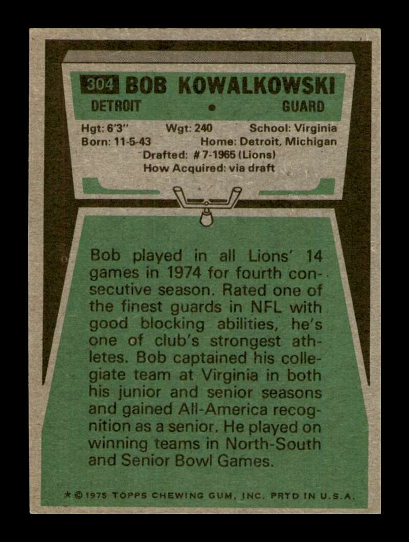 Load image into Gallery viewer, 1975 Topps Bob Kowalkowski #304 Detroit Lions Image 2
