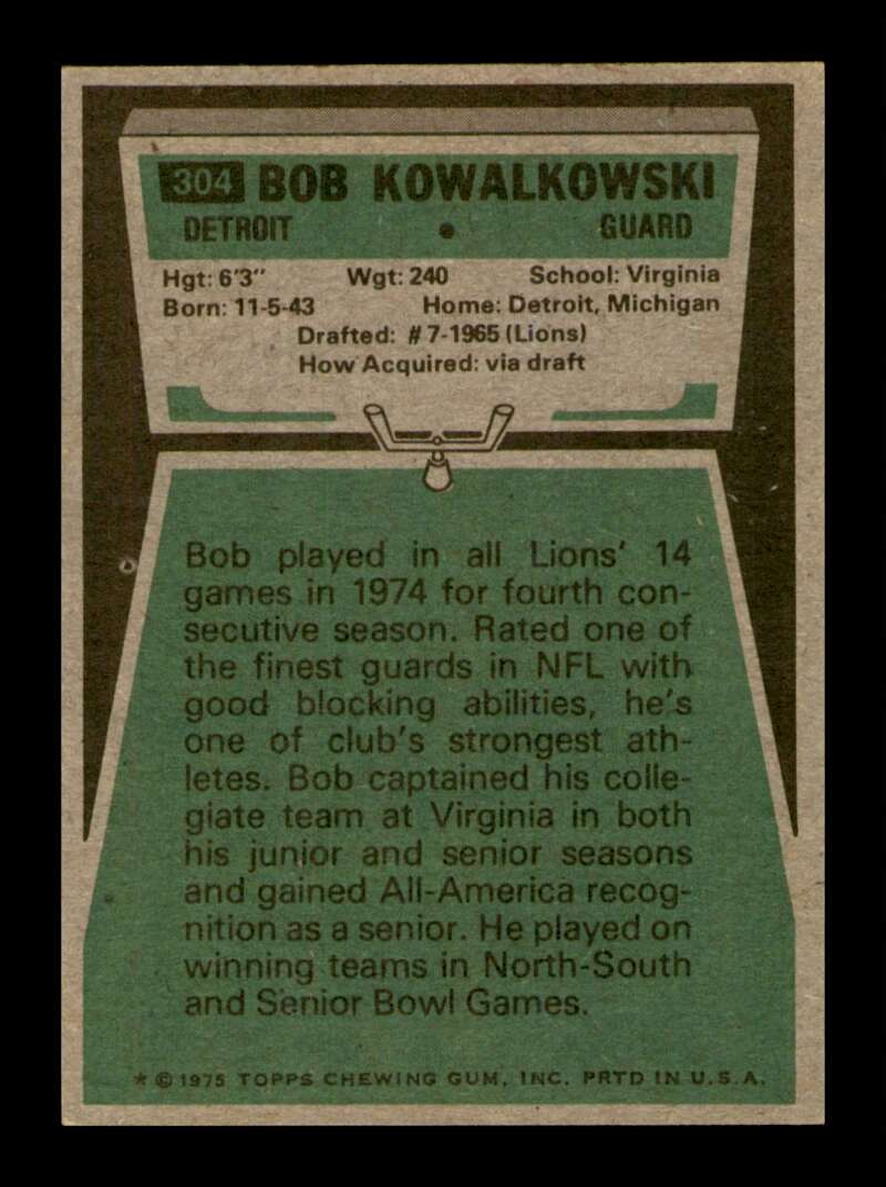 Load image into Gallery viewer, 1975 Topps Bob Kowalkowski #304 Detroit Lions Image 2
