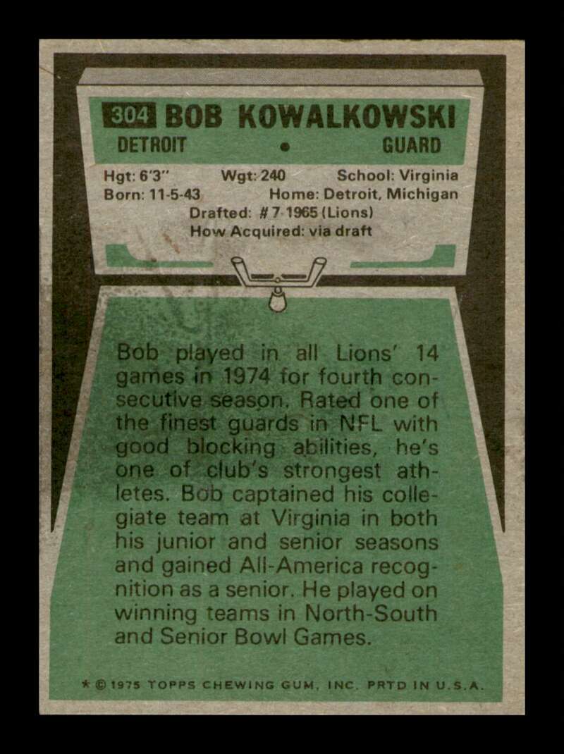 Load image into Gallery viewer, 1975 Topps Bob Kowalkowski #304 Detroit Lions Image 2
