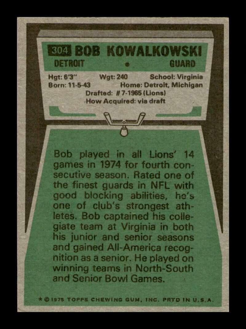 Load image into Gallery viewer, 1975 Topps Bob Kowalkowski #304 Detroit Lions Image 2
