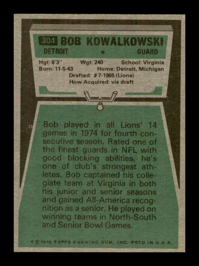 Load image into Gallery viewer, 1975 Topps Bob Kowalkowski #304 Detroit Lions Image 2
