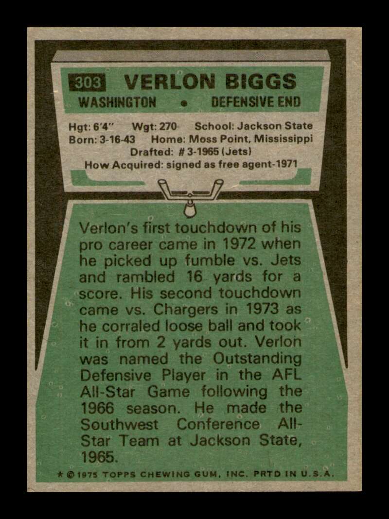 Load image into Gallery viewer, 1975 Topps Verlon Biggs #303 Washington Redskins Image 2
