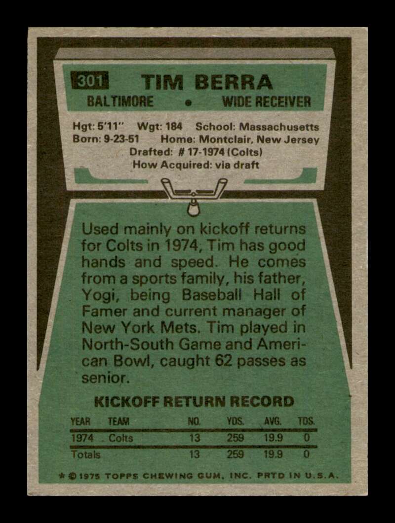 Load image into Gallery viewer, 1975 Topps Tim Berra #301 Rookie RC Baltimore Colts Image 2
