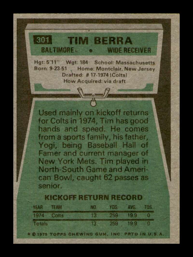 Load image into Gallery viewer, 1975 Topps Tim Berra #301 Rookie RC Baltimore Colts Image 2
