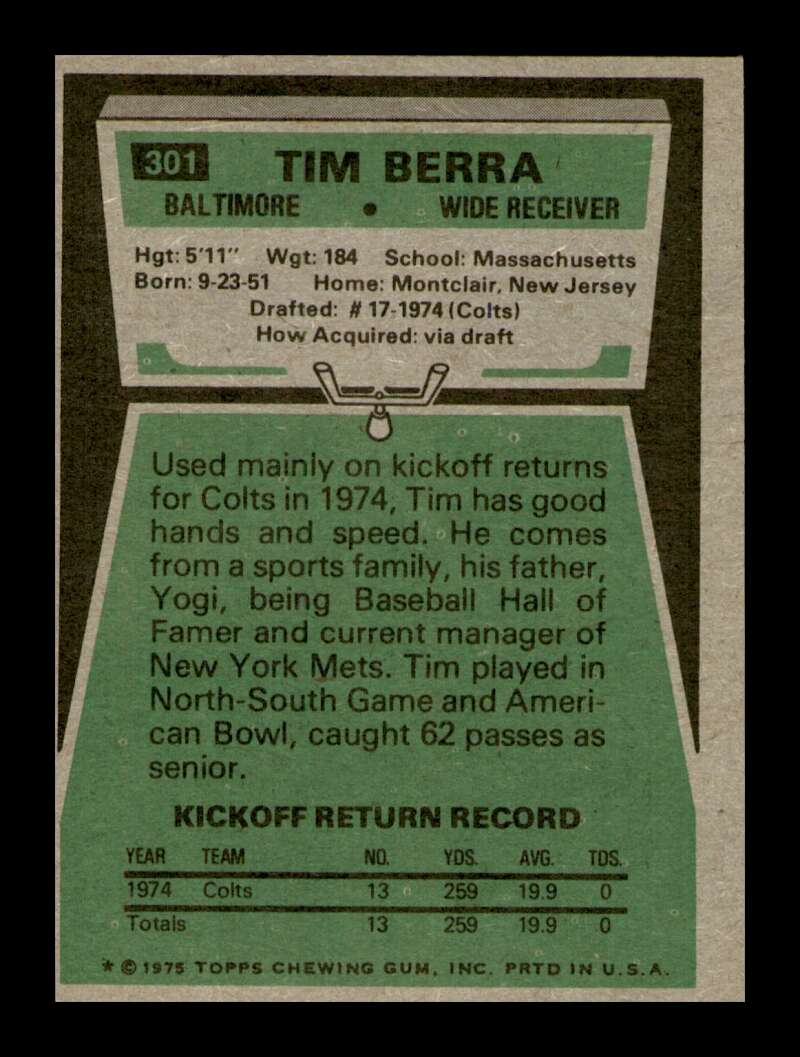 Load image into Gallery viewer, 1975 Topps Tim Berra #301 Rookie RC Baltimore Colts Image 2
