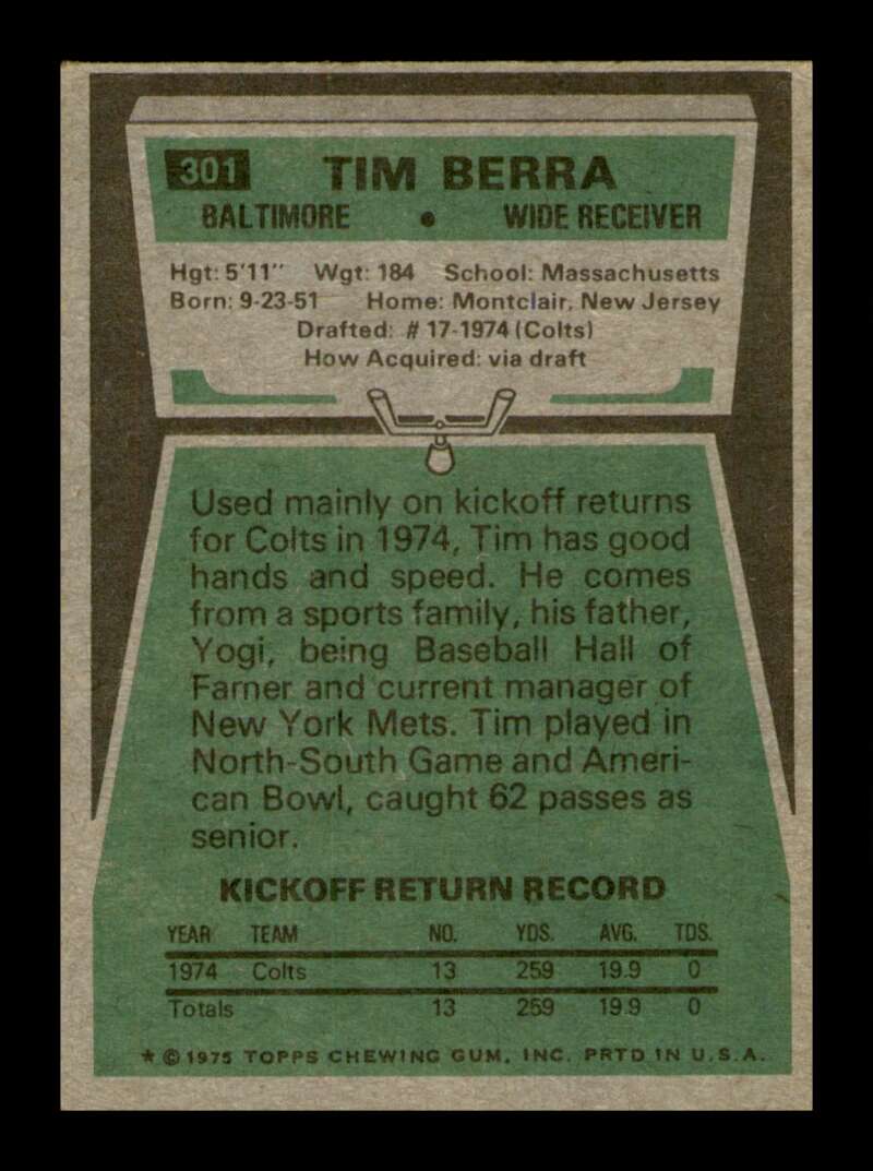 Load image into Gallery viewer, 1975 Topps Tim Berra #301 Rookie RC Baltimore Colts Image 2
