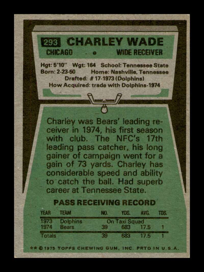 Load image into Gallery viewer, 1975 Topps Charley Wade #293 Chicago Bears Image 2
