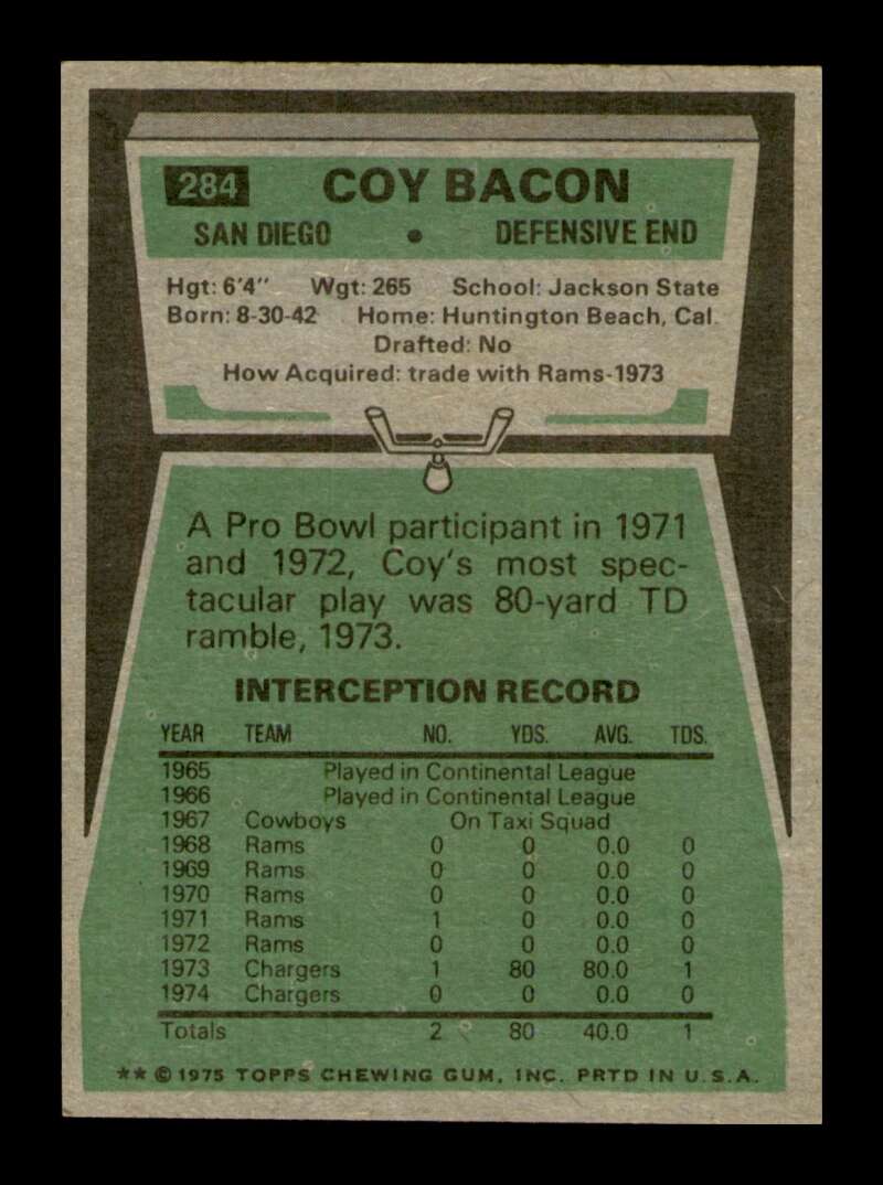 Load image into Gallery viewer, 1975 Topps Coy Bacon #284 San Diego Chargers Image 2
