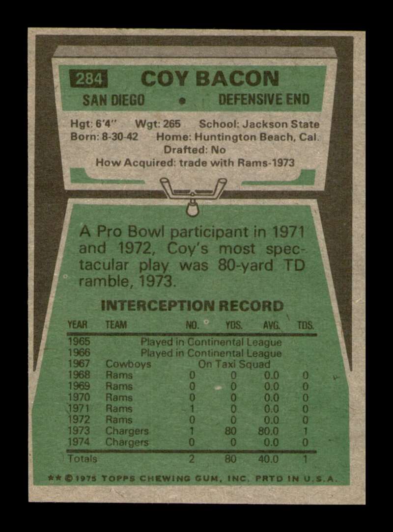 Load image into Gallery viewer, 1975 Topps Coy Bacon #284 San Diego Chargers Image 2
