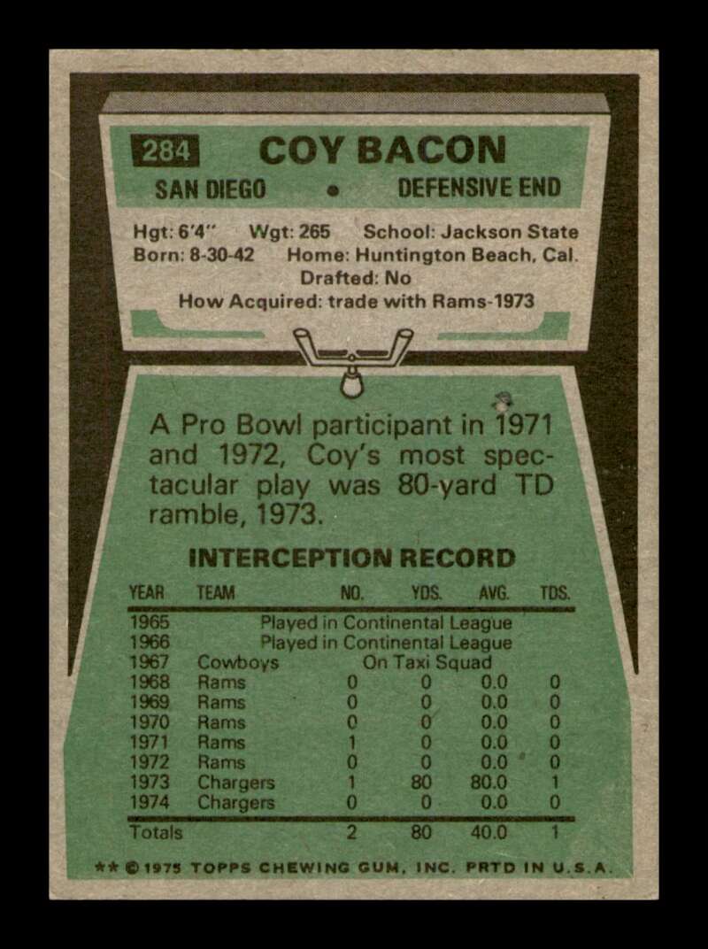 Load image into Gallery viewer, 1975 Topps Coy Bacon #284 San Diego Chargers Image 2
