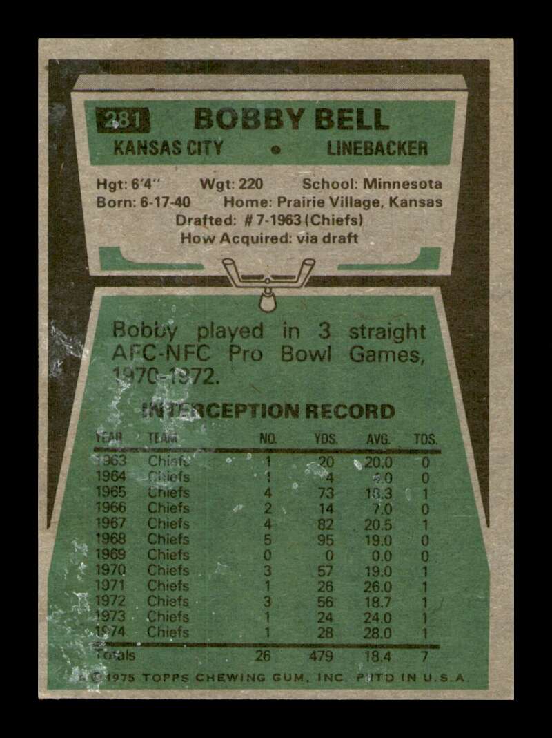 Load image into Gallery viewer, 1975 Topps Bobby Bell #281 Kansas City Chiefs Image 2
