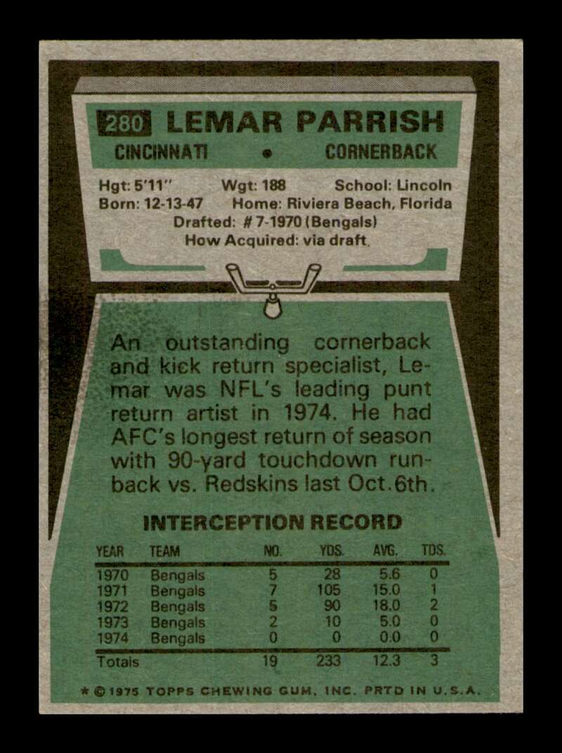 Load image into Gallery viewer, 1975 Topps Lemar Parrish #280 Cincinnati Bengals Image 2
