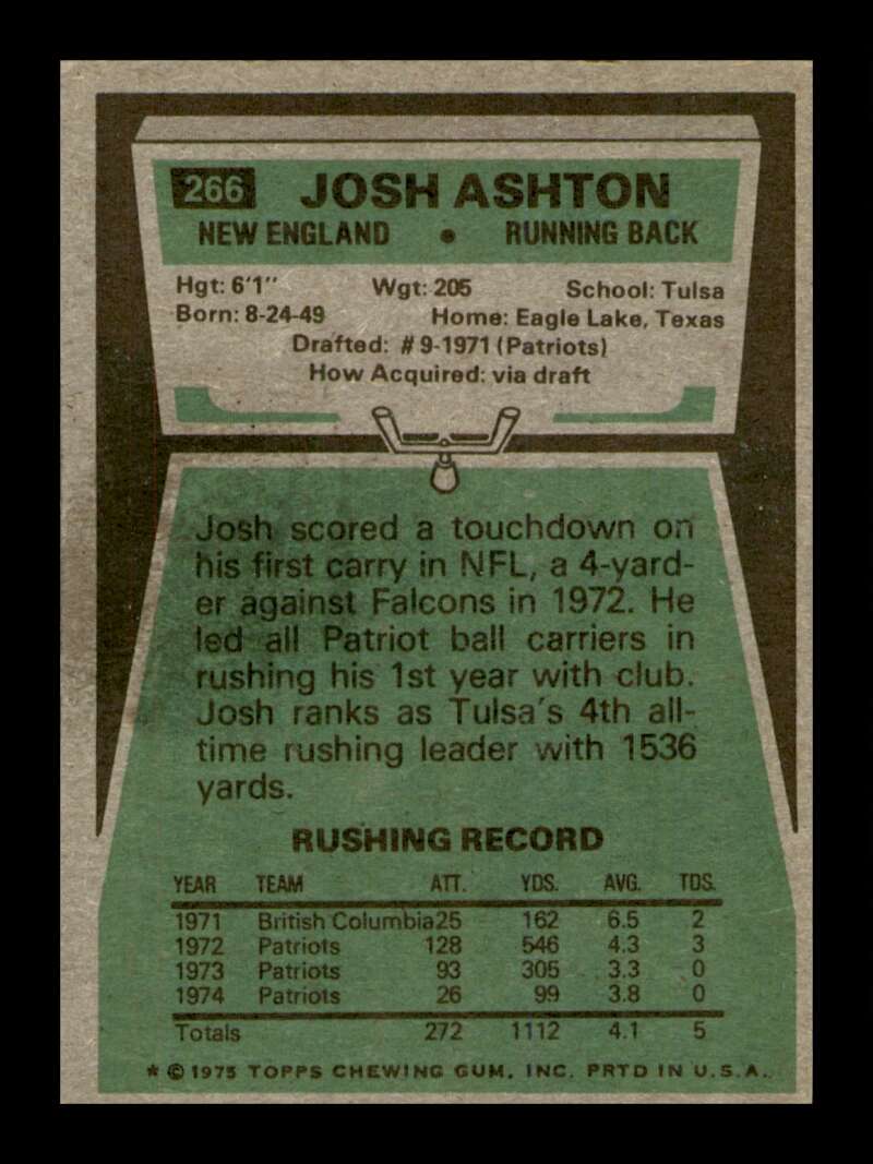 Load image into Gallery viewer, 1975 Topps Josh Ashton #266 New England Patriots Image 2
